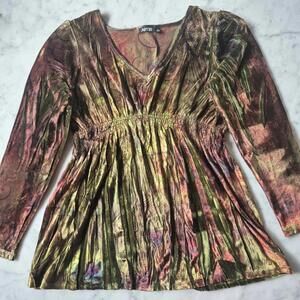Velvet Y2K L/S BabyDoll Top Green Forest Fairy Grunge Pleats Smocking XL